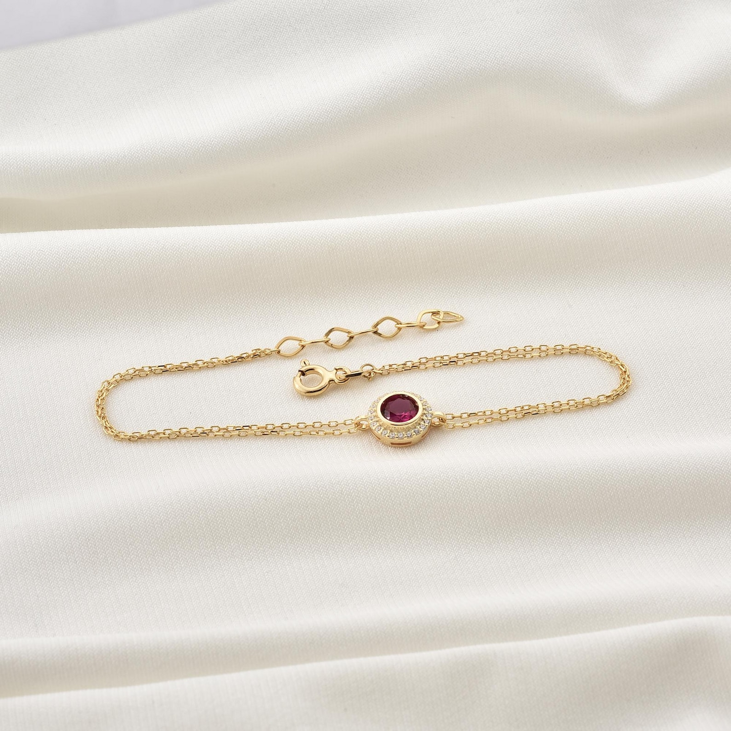 Ruby Round Bezel Bracelet in 8K/10K/14K Solid Gold with Real Diamonds, July Birthstone Jewelry