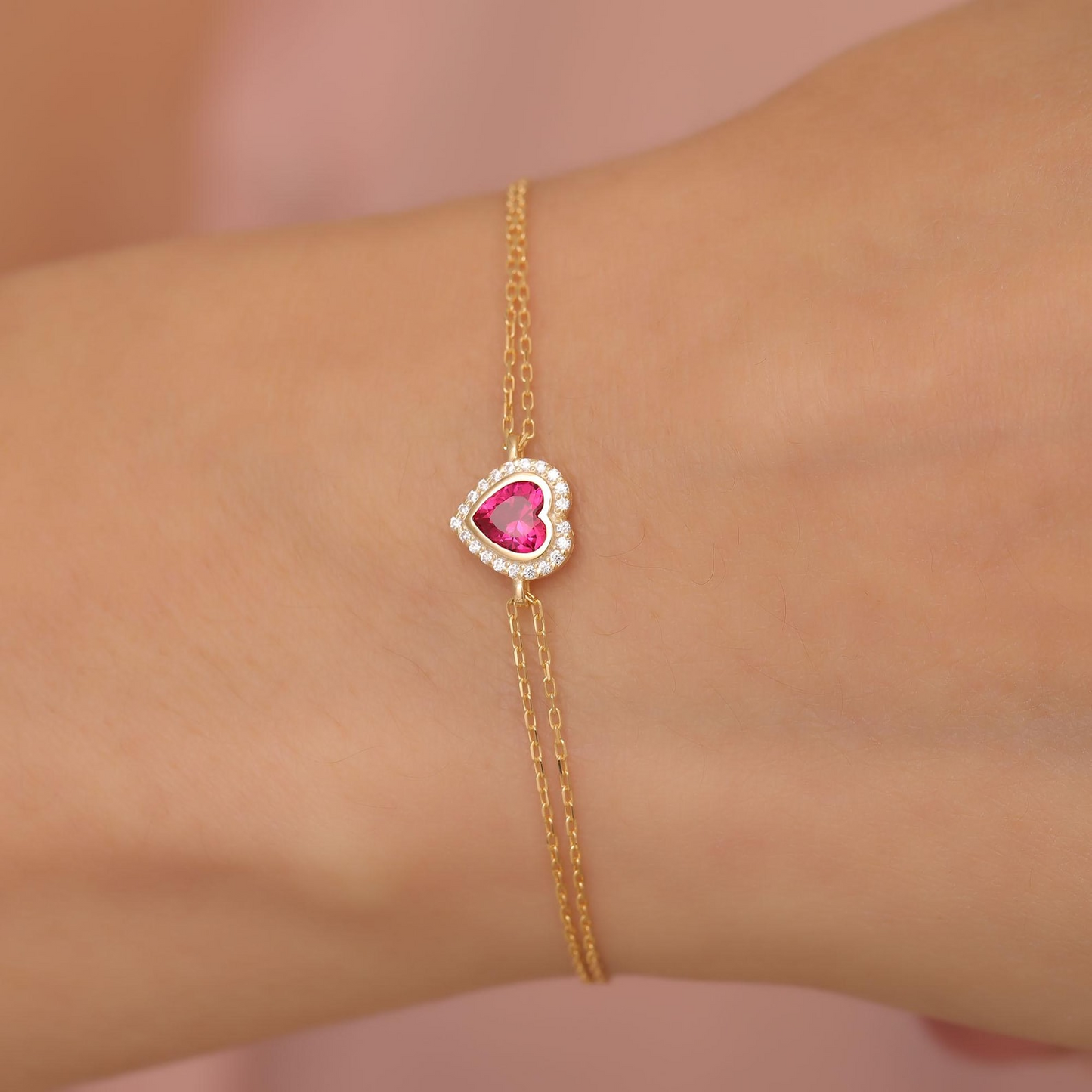 Ruby Bezel Heart Bracelet with Real Diamonds in 8K/10K/14K Solid Gold | July Birthstone Jewelry