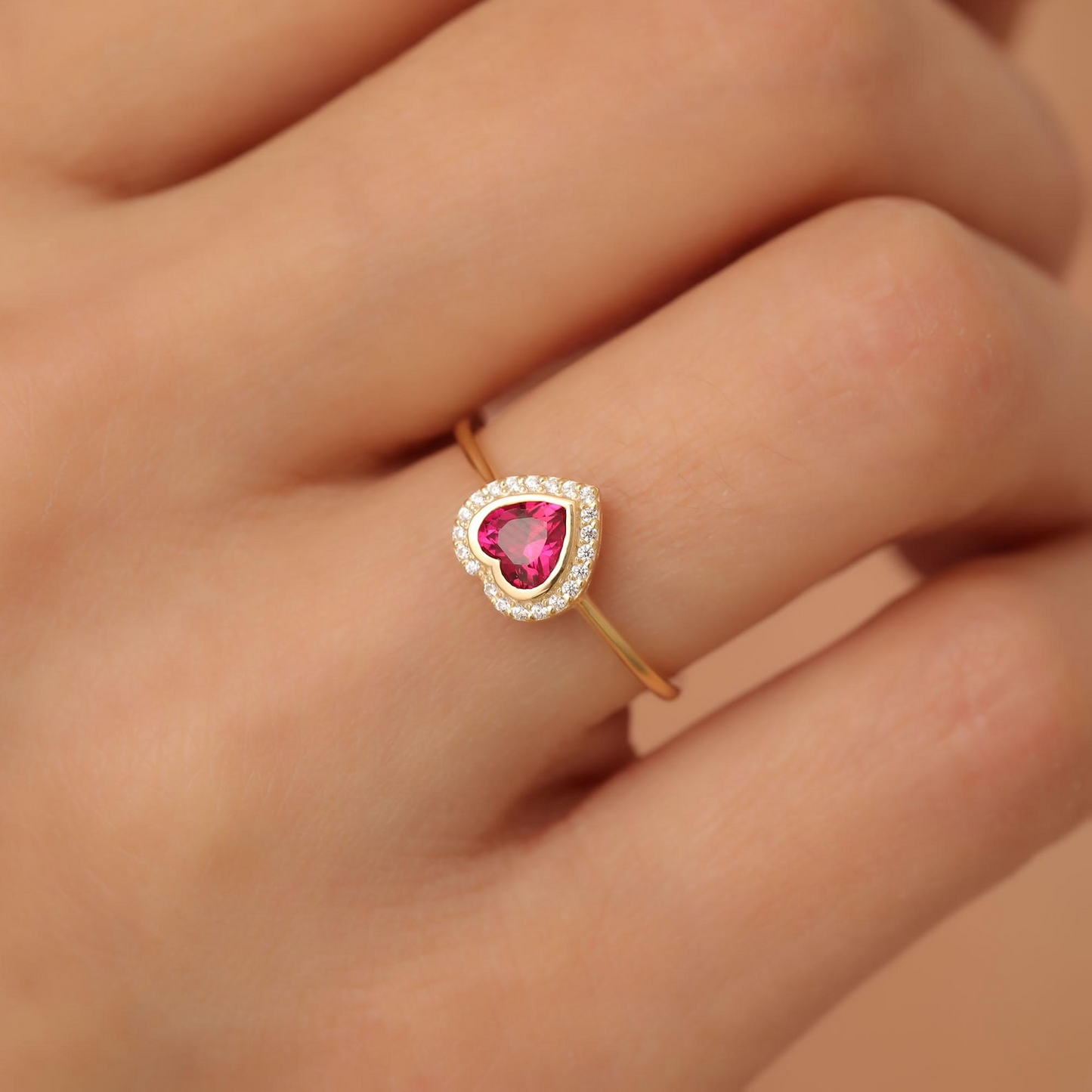 Ruby Bezel Heart Ring with Real Diamonds in 8K/10K/14K Solid Gold | July Birthstone Jewelry