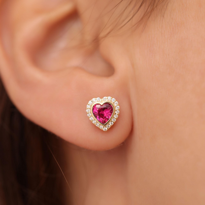 Ruby Bezel Heart Stud Earrings with Real Diamonds in 10K/14K Solid Gold | July Birthstone Jewelry