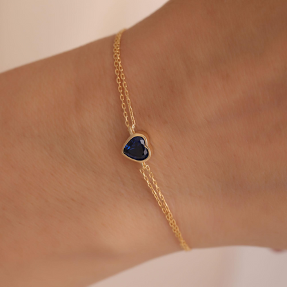 Heart Sapphire Bezel Bracelet in 10K/14K Solid Gold | September Birthstone