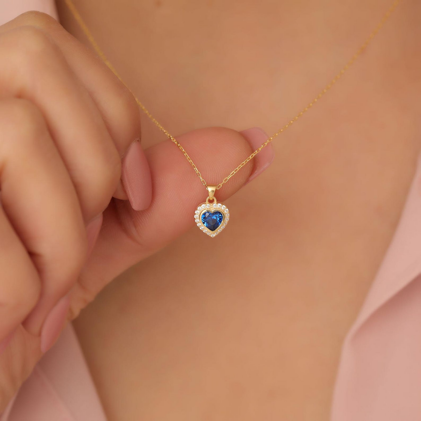 Sapphire Bezel Heart Necklace with Real Diamonds in 8K/10K/14K Solid Gold | September Birthstone Jewelry