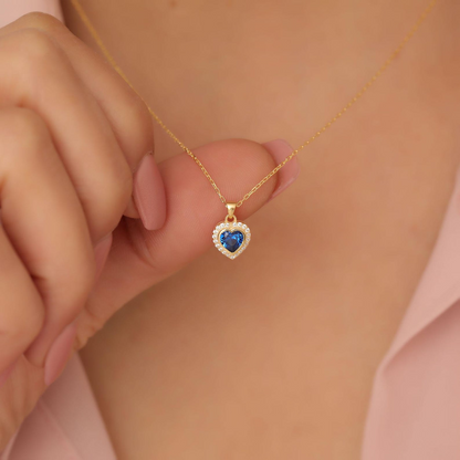 Sapphire Bezel Heart Necklace with Real Diamonds in 8K/10K/14K Solid Gold | September Birthstone Jewelry