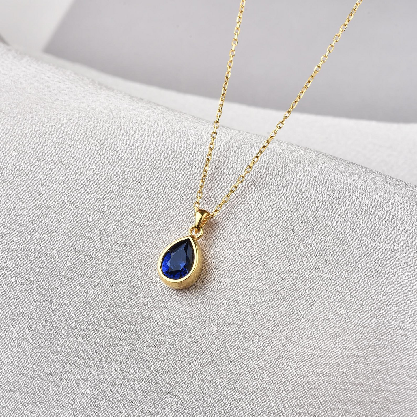 Sapphire Bezel Drop Necklace 10/14K Solid Gold, September Birthstone Jewelry