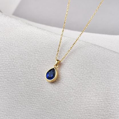 Sapphire Bezel Drop Necklace 10/14K Solid Gold, September Birthstone Jewelry