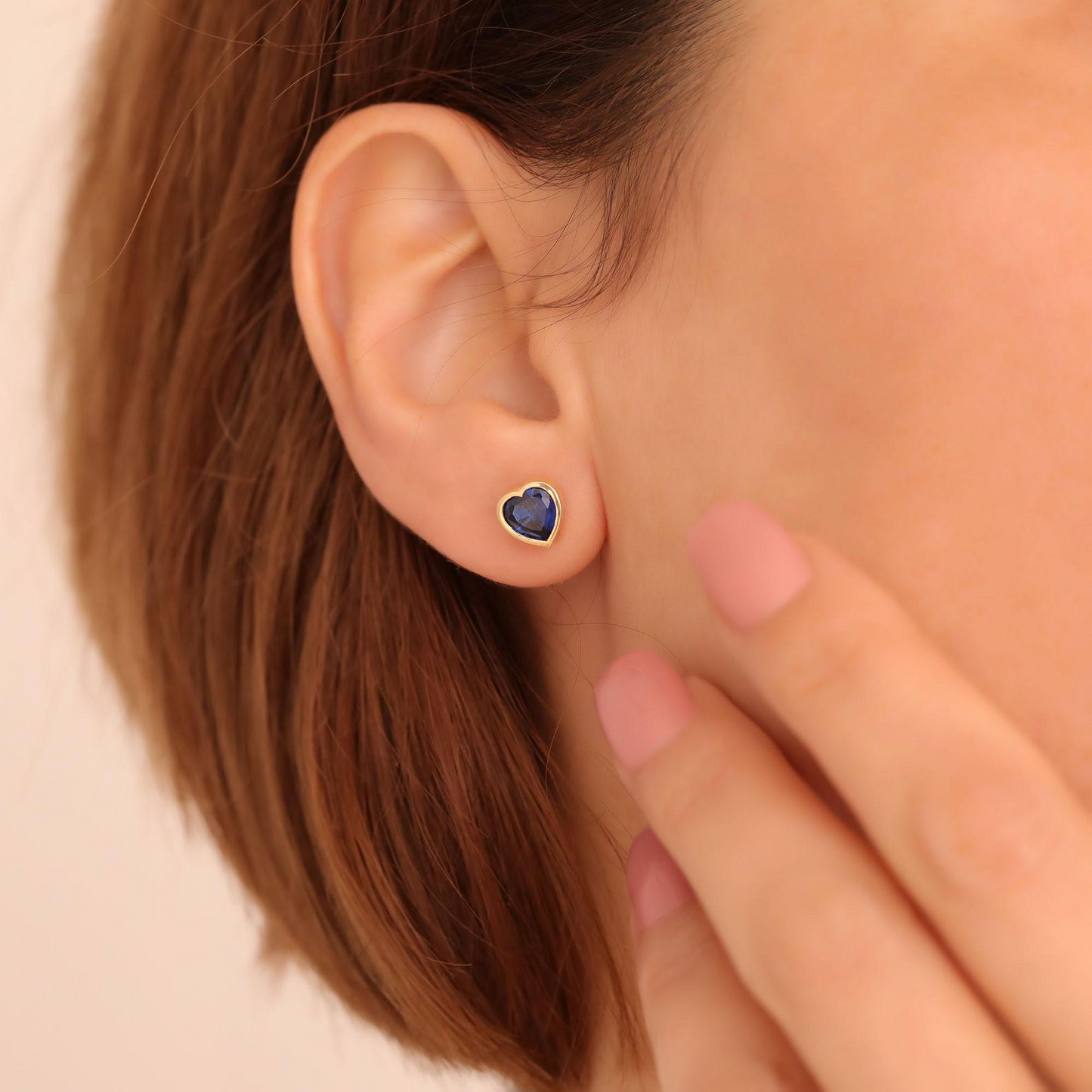 Sapphire Heart Cut Bezel Stud Earrings 10K/14K Solid Gold, September Birthstone Jewelry