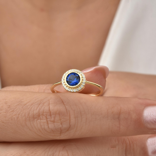 Sapphire Round Bezel Ring in 8K/10K/14K Solid Gold with Real Diamonds, September Birthstone Jewelry