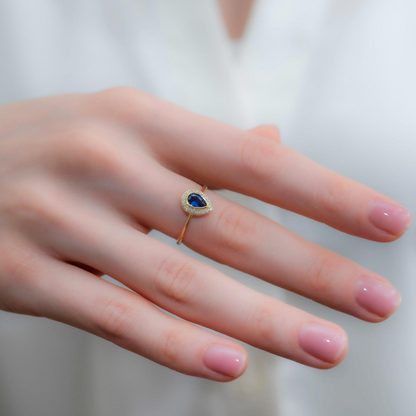 Sapphire Bezel Drop Ring with Real Diamonds in 8K/10K/14K Solid Gold | September Birthstone Jewelry