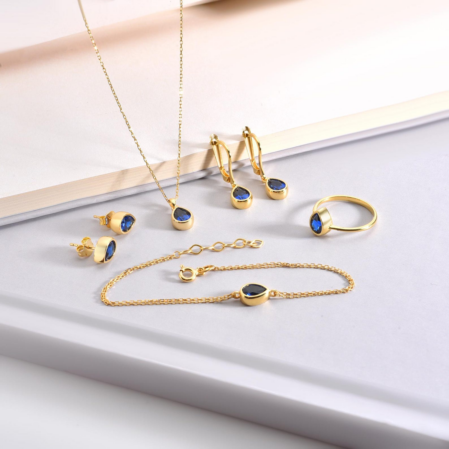 Sapphire Bezel Dangle Drop Earrings in 8K/10K/14K Solid Gold, September Birthstone Jewelry