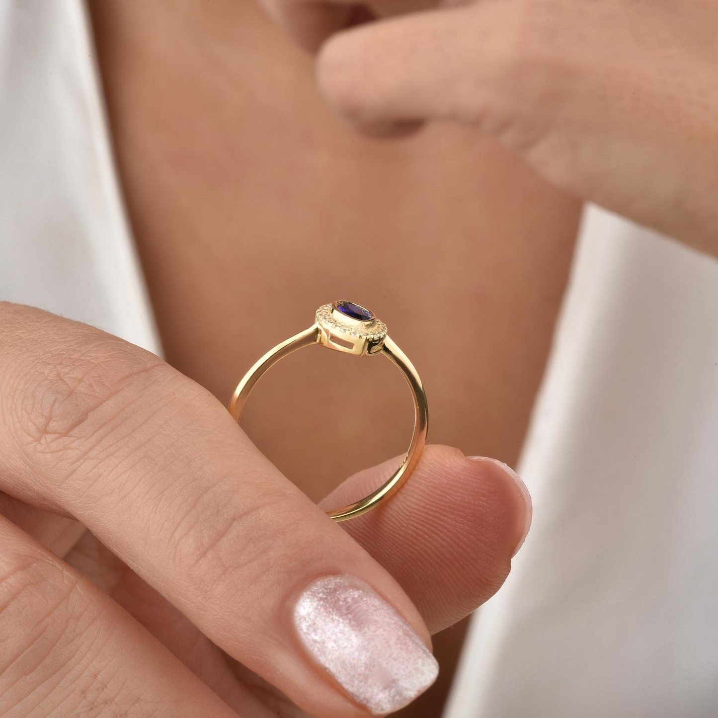 Sapphire Bezel Marquise Ring with Real Diamonds in 8K/10K/14K Solid Gold | September Birthstone Jewelry