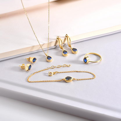 Sapphire Drop Bezel Stud Earrings in 10K/14K Solid Gold, September Birthstone Jewelry
