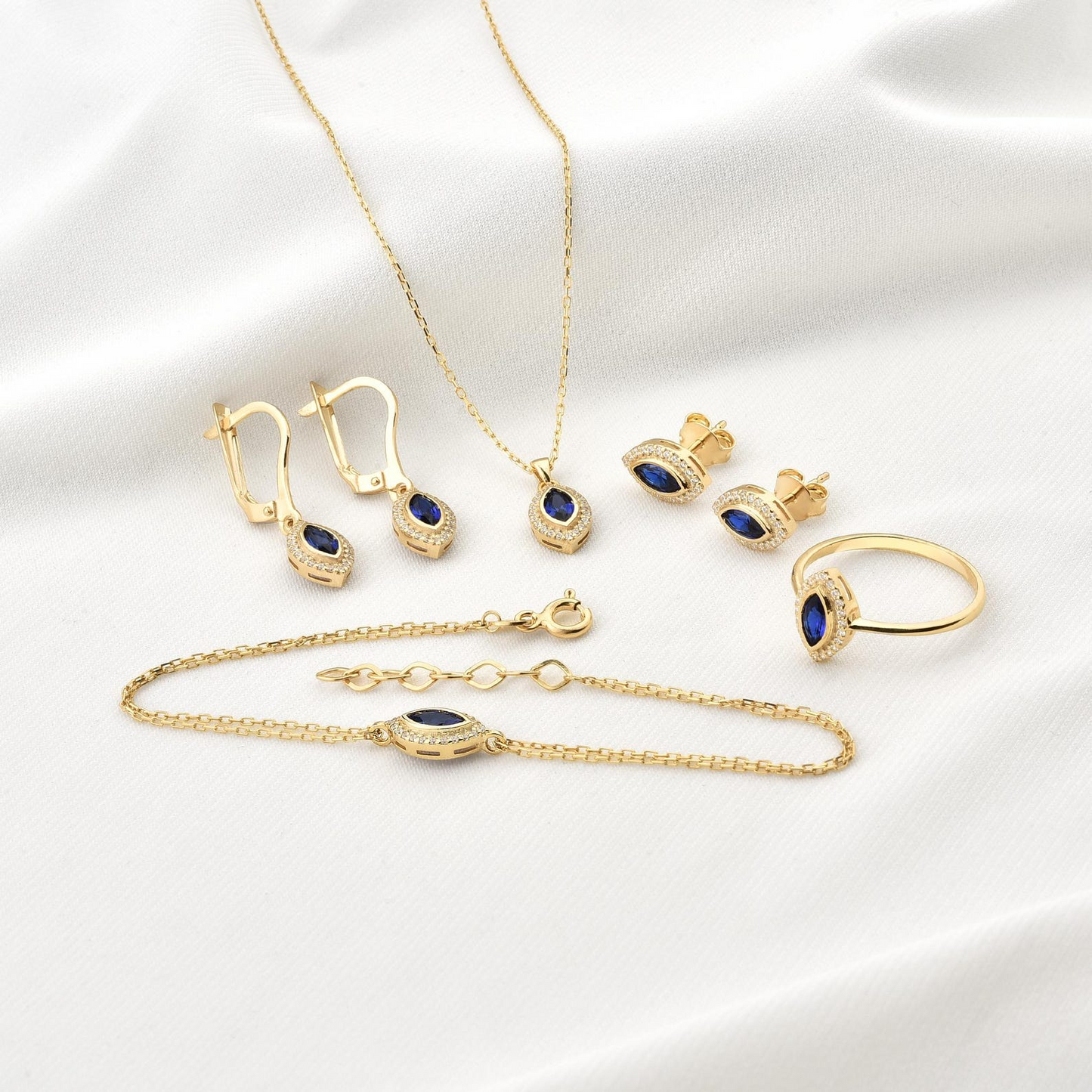 Sapphire Bezel Marquise Dangle Earrings with Real Diamonds in 8K/10K/14K Solid Gold | September Birthstone Jewelry