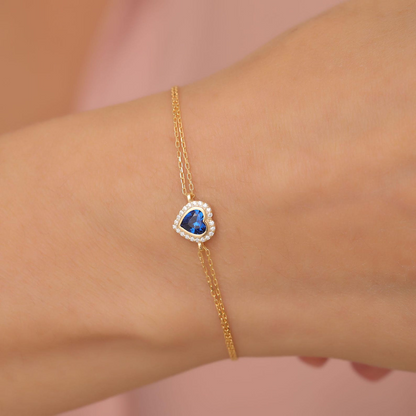 Sapphire Bezel Heart Bracelet with Real Diamonds in 8K/10K/14K Solid Gold | September Birthstone Jewelry