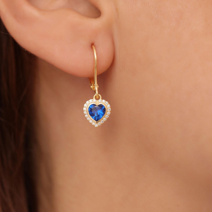Sapphire Bezel Heart Dangle Earrings with Real Diamonds in 8K/10K/14K Solid Gold | September Birthstone Jewelry