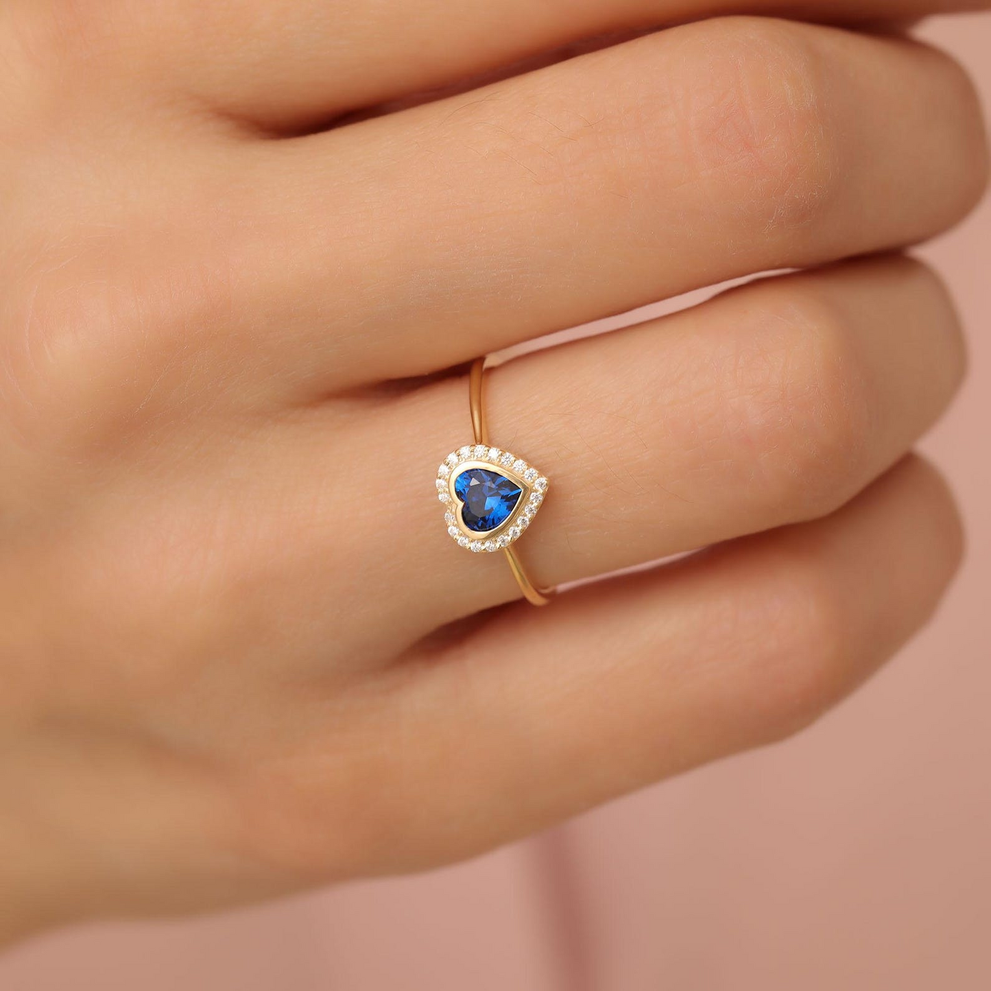 Sapphire Bezel Heart Ring with Real Diamonds in 8K/10K/14K Solid Gold | September Birthstone Jewelry