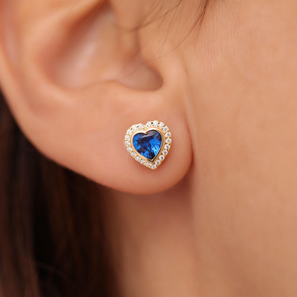 Sapphire Bezel Heart Stud Earrings with Real Diamonds in 10K/14K Solid Gold | September Birthstone Jewelry