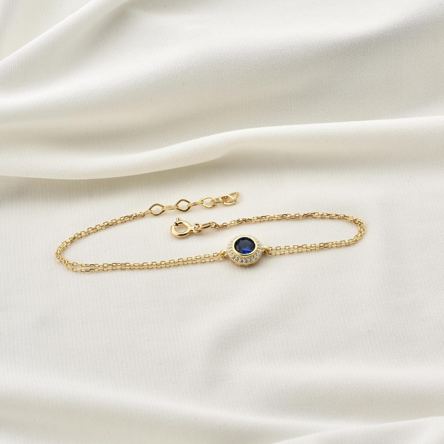 Sapphire Round Bezel Bracelet in 8K/10K/14K Solid Gold with Real Diamonds, September Birthstone Jewelry