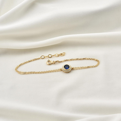 Sapphire Round Bezel Bracelet in 8K/10K/14K Solid Gold with Real Diamonds, September Birthstone Jewelry