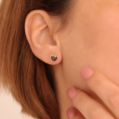 Smoky Quartz Heart Bezel Cut Stud Earrings 10K/14K Solid Gold, Birthstone Jewelry