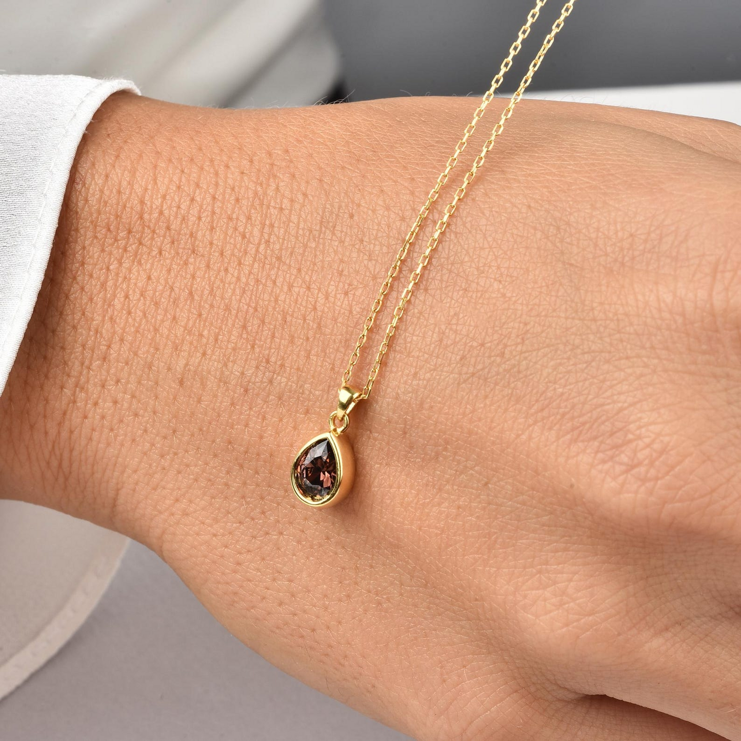 Smoky Quartz Bezel Drop Necklace 10/14K Solid Gold, Birthstone Jewelry