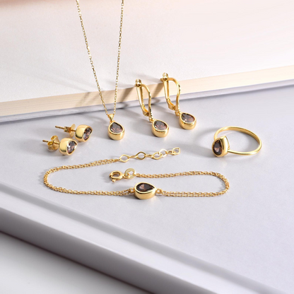 Smoky Quartz Drop Bezel Bracelet in 10K/14K Solid Gold, Birthstone Jewelry
