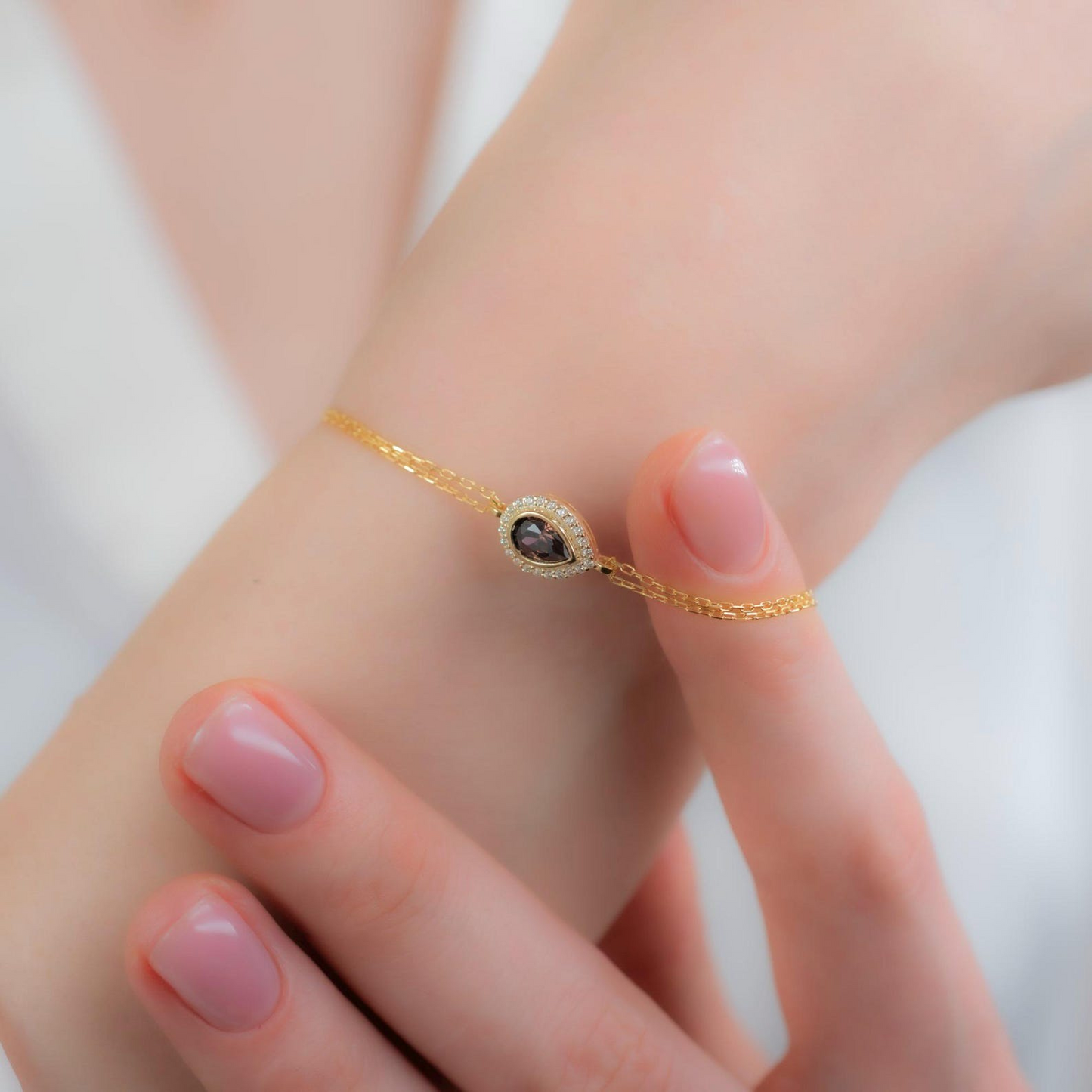Smoky Quartz Bezel Drop Bracelet with Real Diamonds in 8K/10K/14K Solid Gold | Handmade Jewelry