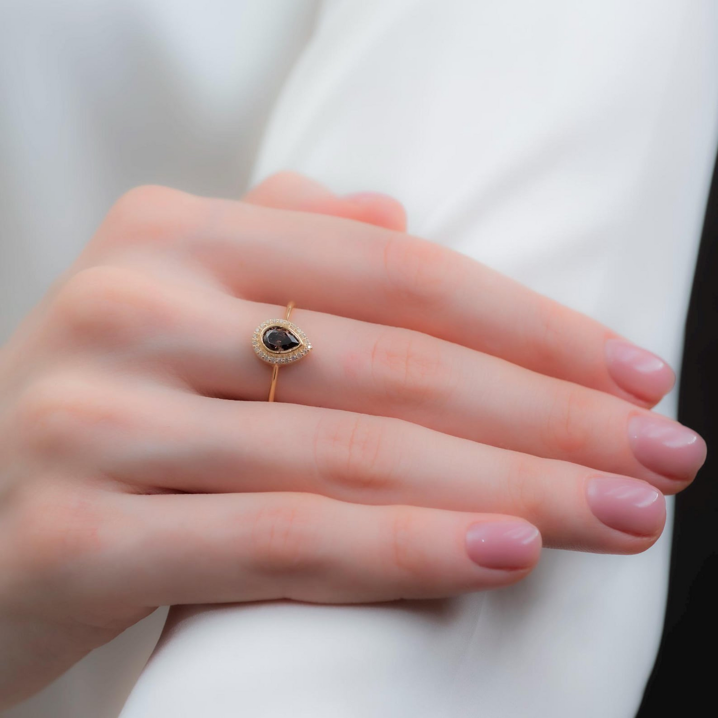 Smoky Quartz Bezel Drop Ring with Real Diamonds in 8K/10K/14K Solid Gold | Handmade Jewelry