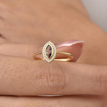 Smoky Quartz Bezel Marquise Ring with Real Diamonds in 8K/10K/14K Solid Gold | Handmade Jewelry