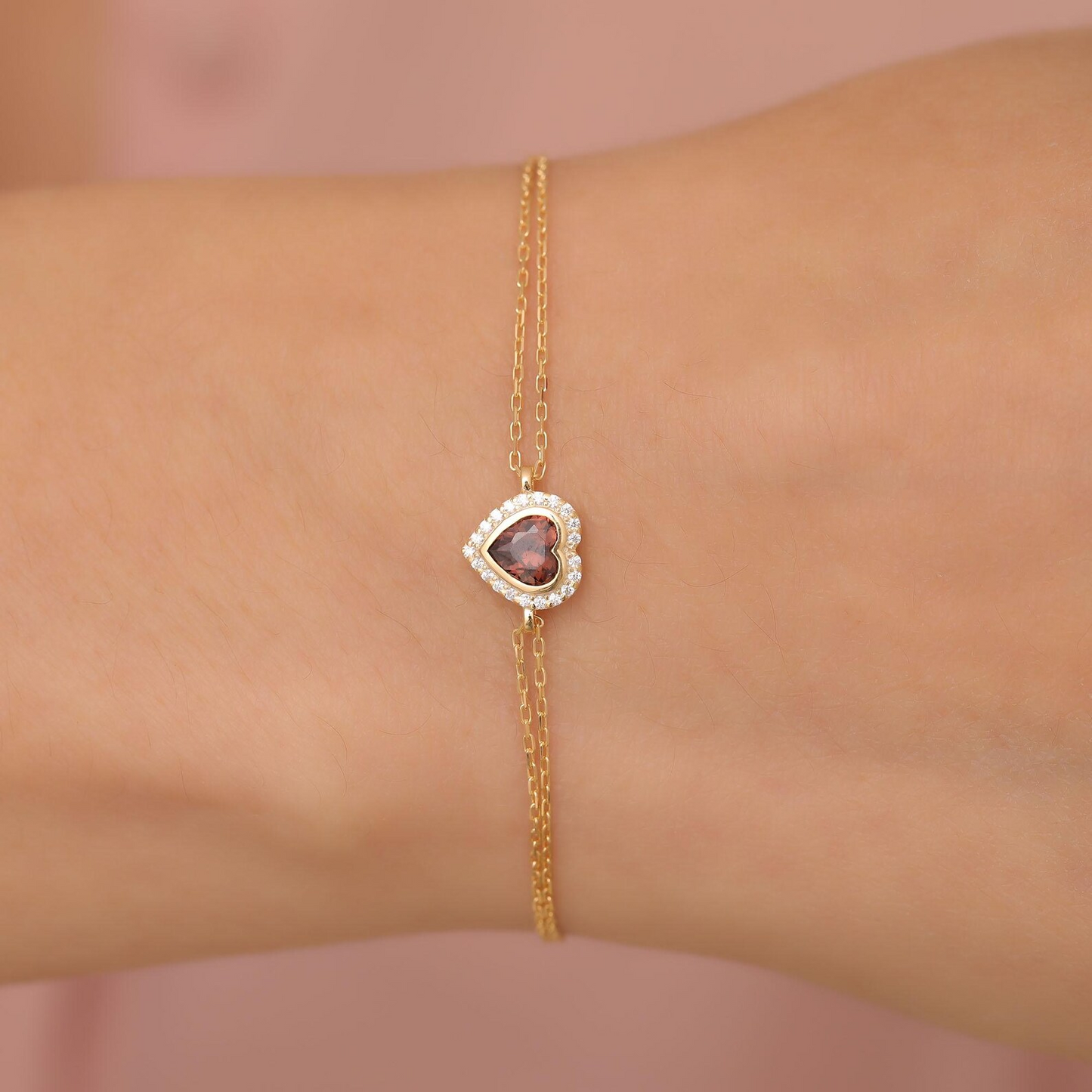 Smoky Quartz Bezel Heart Bracelet with Real Diamonds in 8K/10K/14K Solid Gold | Birthstone Jewelry