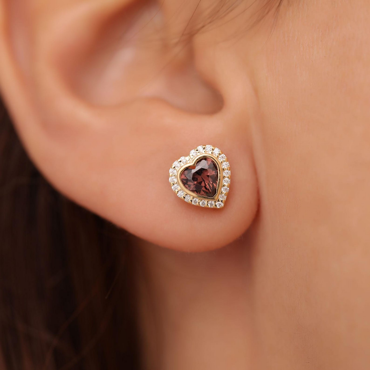 Smoky Quartz Bezel Heart Stud Earrings with Real Diamonds in 10K/14K Solid Gold | Birthstone Jewelry