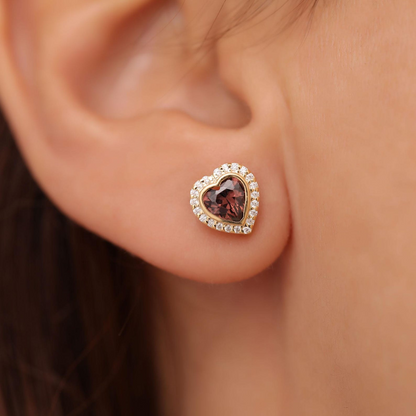 Smoky Quartz Bezel Heart Stud Earrings with Real Diamonds in 10K/14K Solid Gold | Birthstone Jewelry