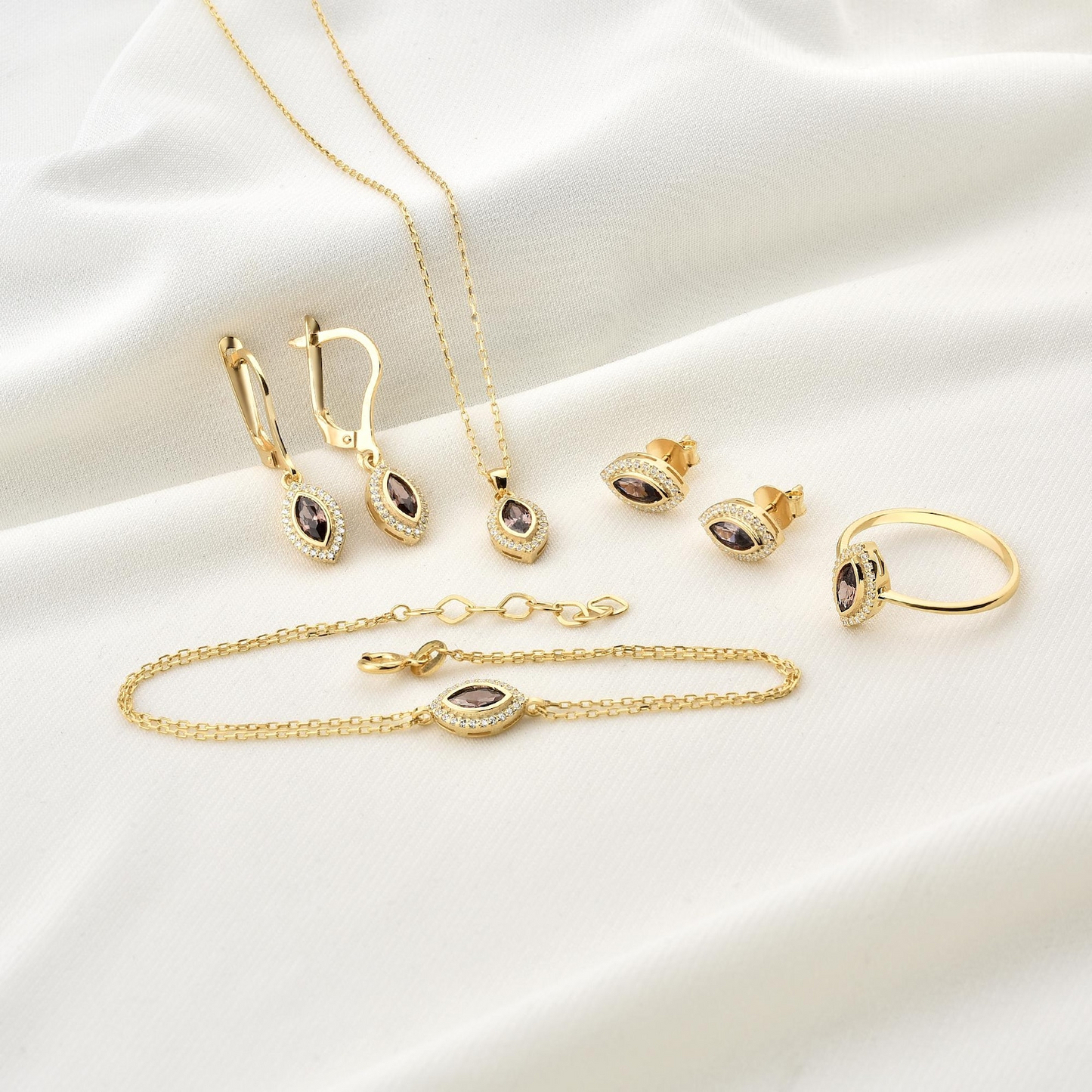 Smoky Quartz Bezel Marquise Necklace with Real Diamonds in 8K/10K/14K Solid Gold | Handmade Jewelry