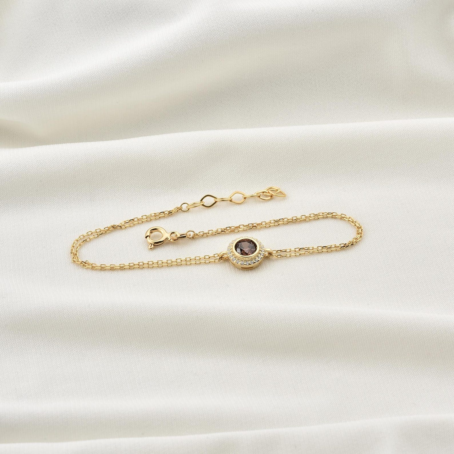 Smoky Quartz Round Bezel Bracelet in 8K/10K/14K Solid Gold with Real Diamonds, Handmade Jewelry