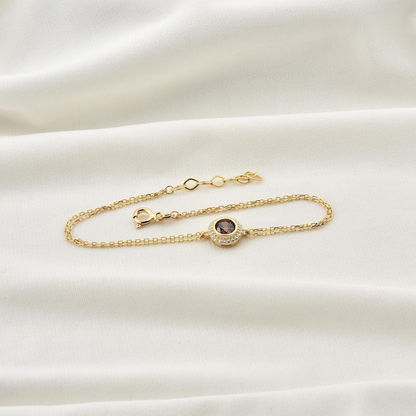 Smoky Quartz Round Bezel Bracelet in 8K/10K/14K Solid Gold with Real Diamonds, Handmade Jewelry