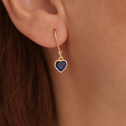 Sapphire Heart Cut Bezel Dangle Earrings 14K Solid Gold, September Birthstone Jewelry