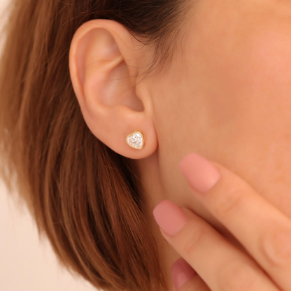 White Topaz Heart Bezel Cut Stud Earrings 10K/14K Solid Gold, April Birthstone Jewelry