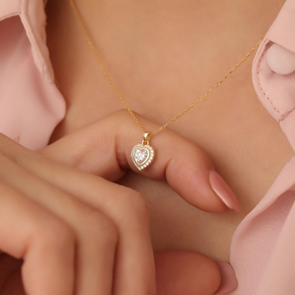 White Topaz Bezel Heart Necklace with Real Diamonds in 8K/10K/14K Solid Gold | April Birthstone Jewelry