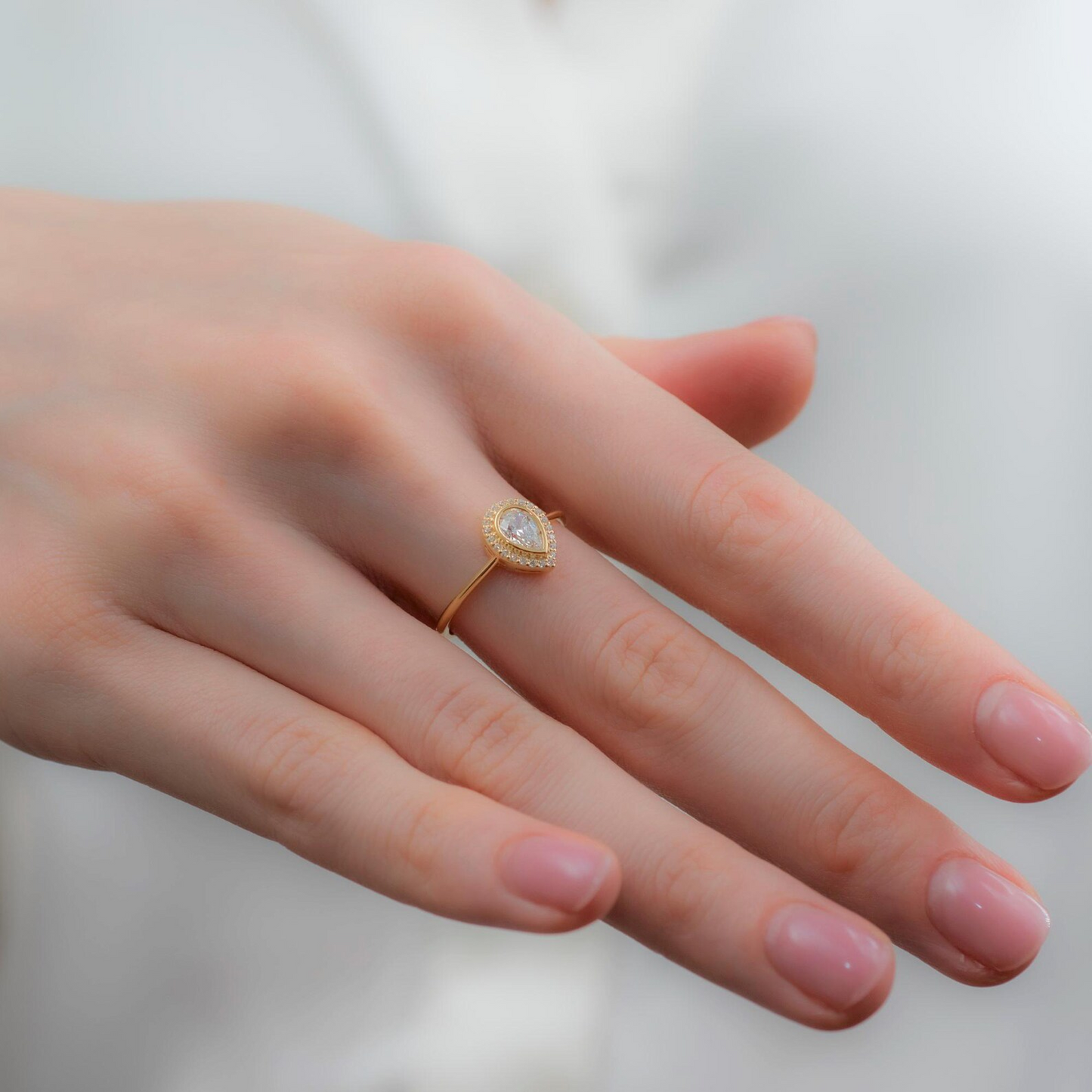 White Topaz Bezel Drop Ring with Real Diamonds in 8K/10K/14K Solid Gold | April Birthstone Jewelry