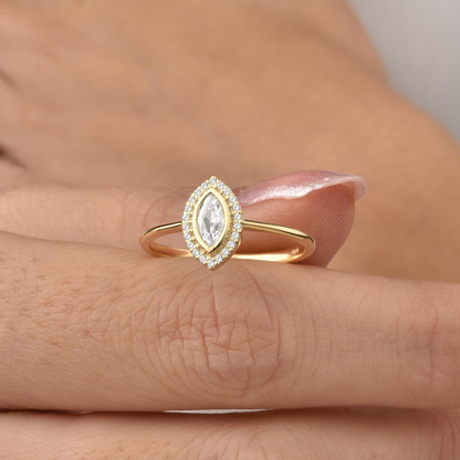 White Topaz Bezel Marquise Ring with Real Diamonds in 8K/10K/14K Solid Gold | April Birthstone Jewelry