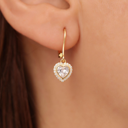 White Topaz Bezel Heart Dangle Earrings with Real Diamonds in 8K/10K/14K Solid Gold | April Birthstone Jewelry