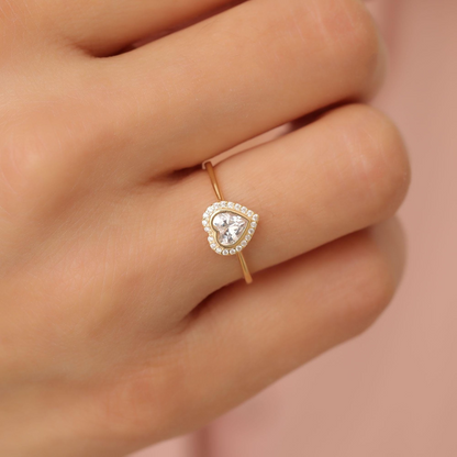 White Topaz Bezel Heart Ring with Real Diamonds in 8K/10K/14K Solid Gold | April Birthstone Jewelry