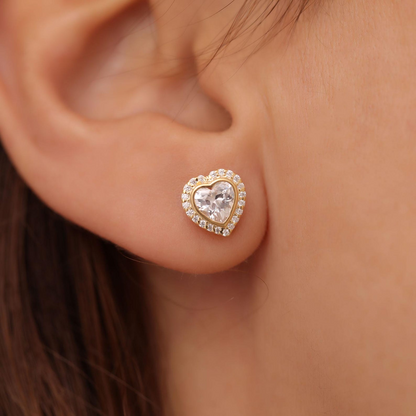 White Topaz Bezel Heart Stud Earrings with Real Diamonds in 10K/14K Solid Gold | April Birthstone Jewelry