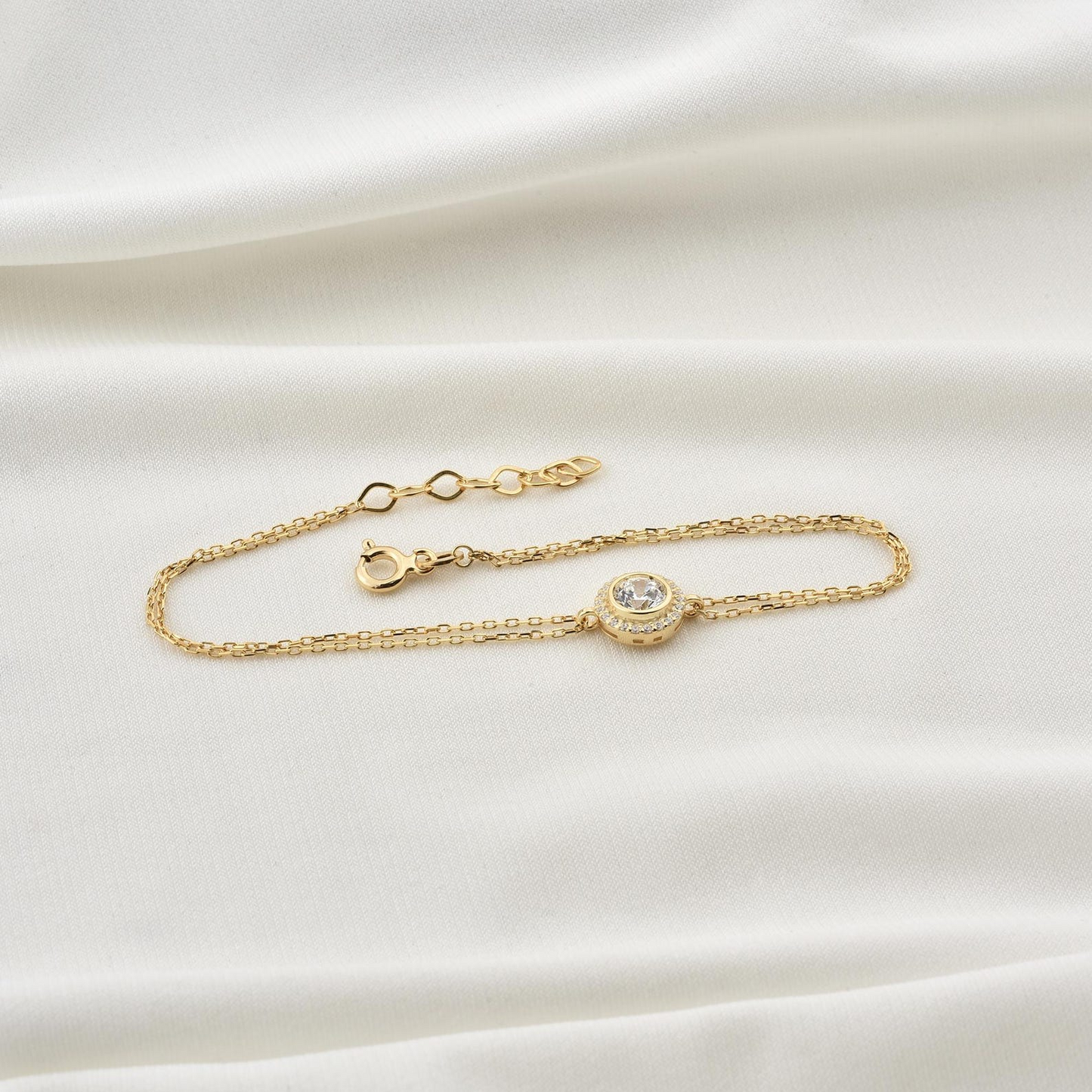 White Topaz Round Bezel Bracelet in 8K/10K/14K Solid Gold with Real Diamonds, April Birthstone Jewelry