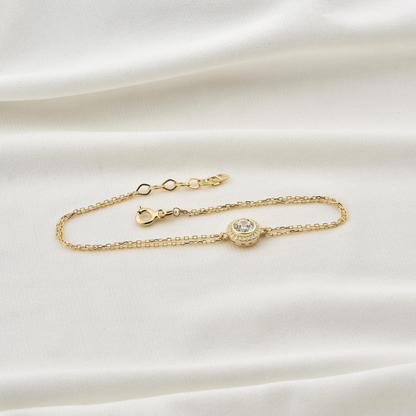 White Topaz Round Bezel Bracelet in 8K/10K/14K Solid Gold with Real Diamonds, April Birthstone Jewelry