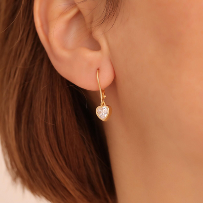 White Topaz Heart Cut Bezel Dangle Earrings, 14K Solid Gold April Birthstone Jewelry