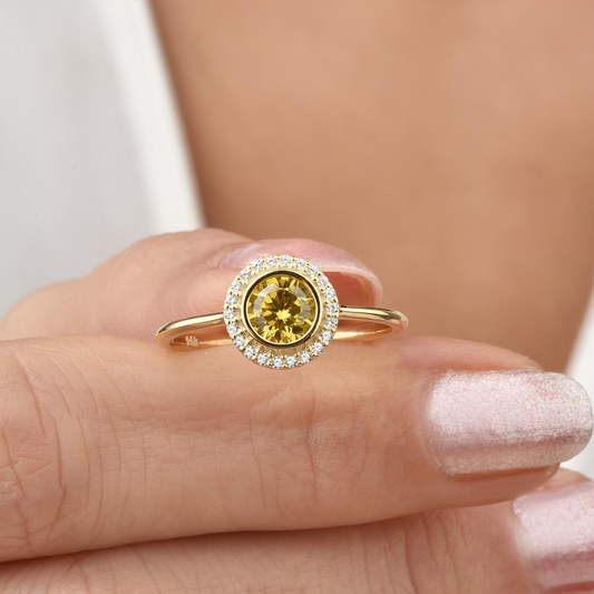 Yellow Topaz Round Bezel Ring in 8K/10K/14K Solid Gold with Real Diamonds, Handmade Jewelry