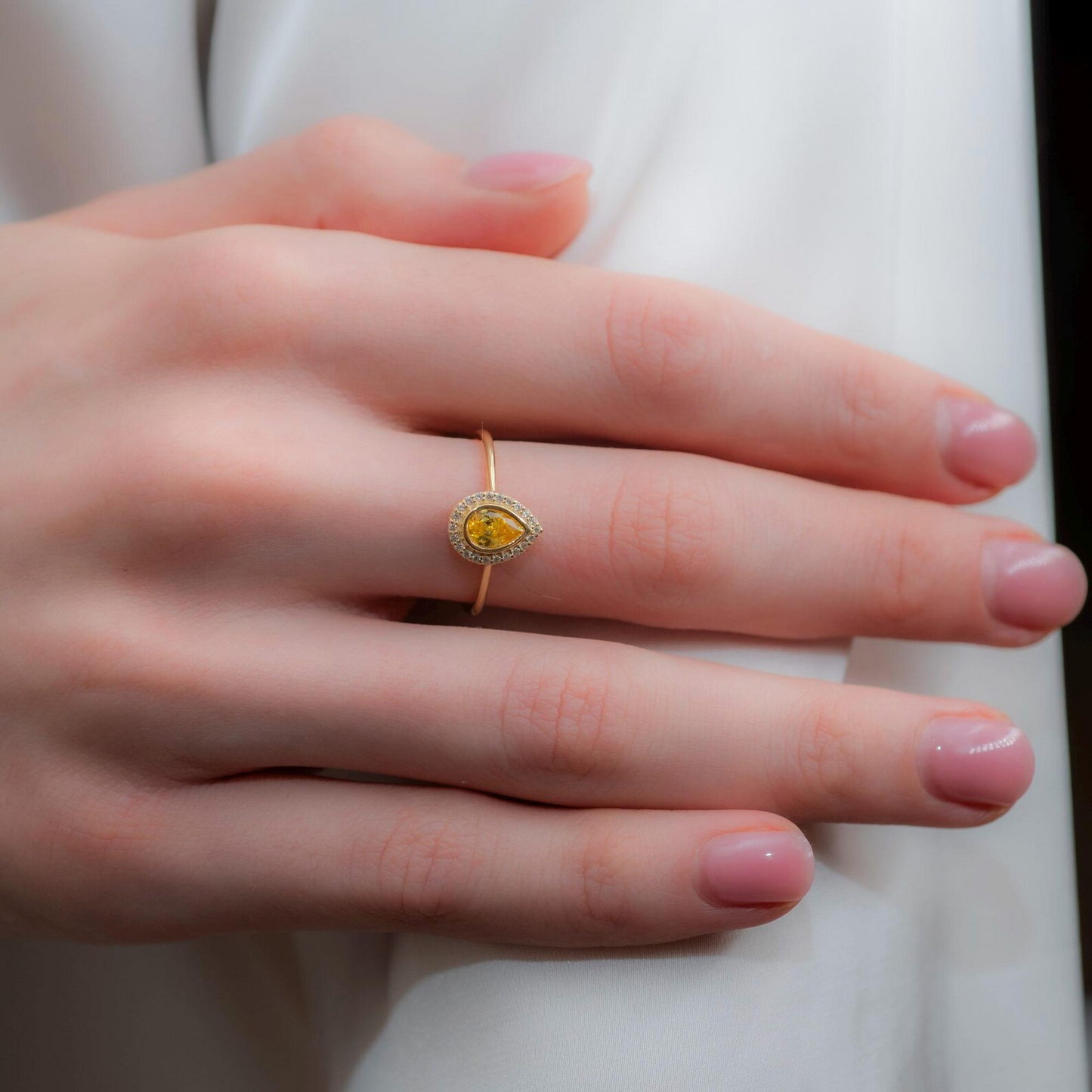 Yellow Topaz Bezel Drop Ring with Real Diamonds in 8K/10K/14K Solid Gold | November Birthstone Jewelry