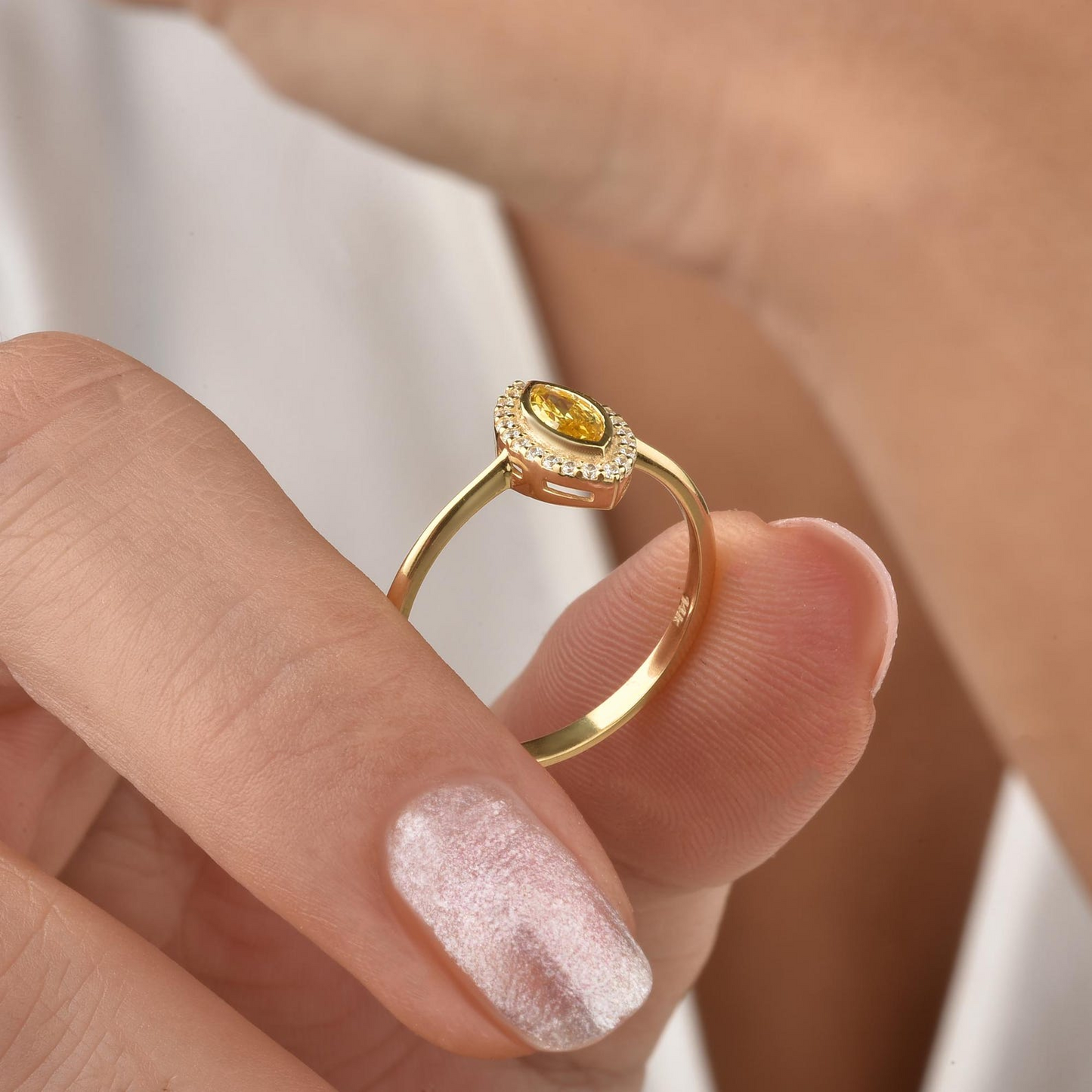 Yellow Topaz Bezel Marquise Ring with Real Diamonds in 8K/10K/14K Solid Gold | November Birthstone Jewelry