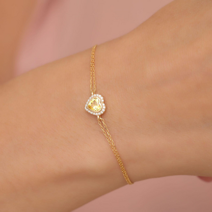 Yellow Topaz Bezel Heart Bracelet with Real Diamonds in 8K/10K/14K Solid Gold | November Birthstone Jewelry