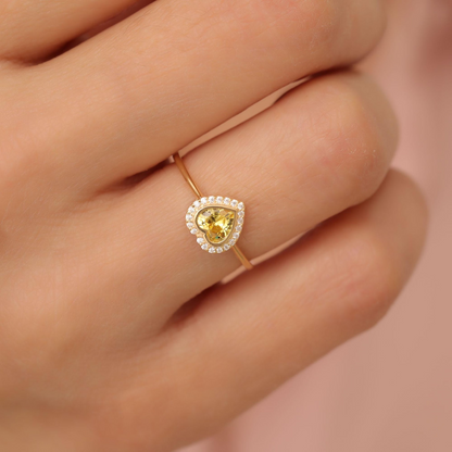 Yellow Topaz Bezel Heart Ring with Real Diamonds in 8K/10K/14K Solid Gold | Birthstone Jewelry